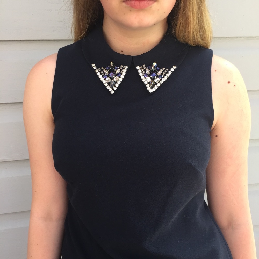 Jewel Collar Navy Sleeveless Dress 8